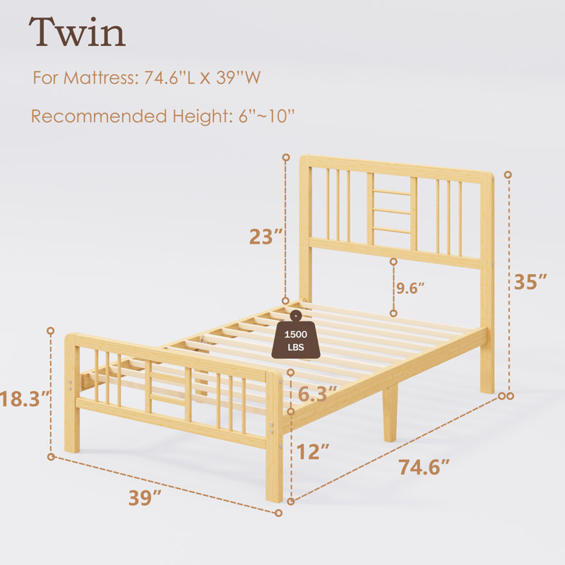 35” High Wooden Platform Bed With Headboard, Minimalist Modern Style, Metal Slat Support , No Box Spring Required, Twin