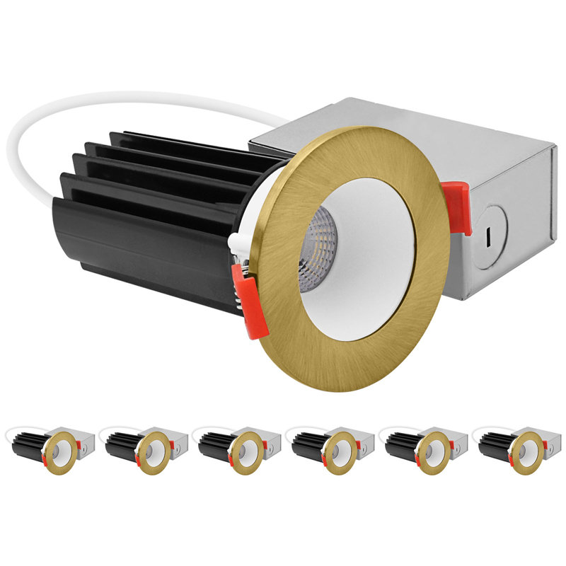 Ensemble de 2 po LUXRITE Luminaire DEL encastré, lumière Canless à régression profonde, garniture ronde blanche et laiton interchangeable, 5 TCC, 1000 lm, 15 W, CRI80, paquet de 6 à intensité variable