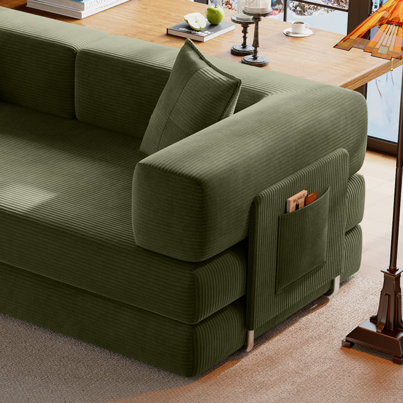 78.8'' Corduroy Convertible Sofa Bed Upholstered Sleeper Sofa with Armrest and Pillow, Green