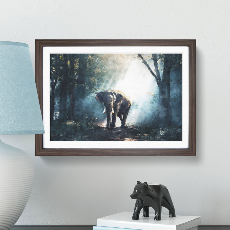 Elephant Roaming in a Green Forest - Picture Frame Graphic Art Print, Walnut Framed, 33cm H x 45cm W x 2cm D