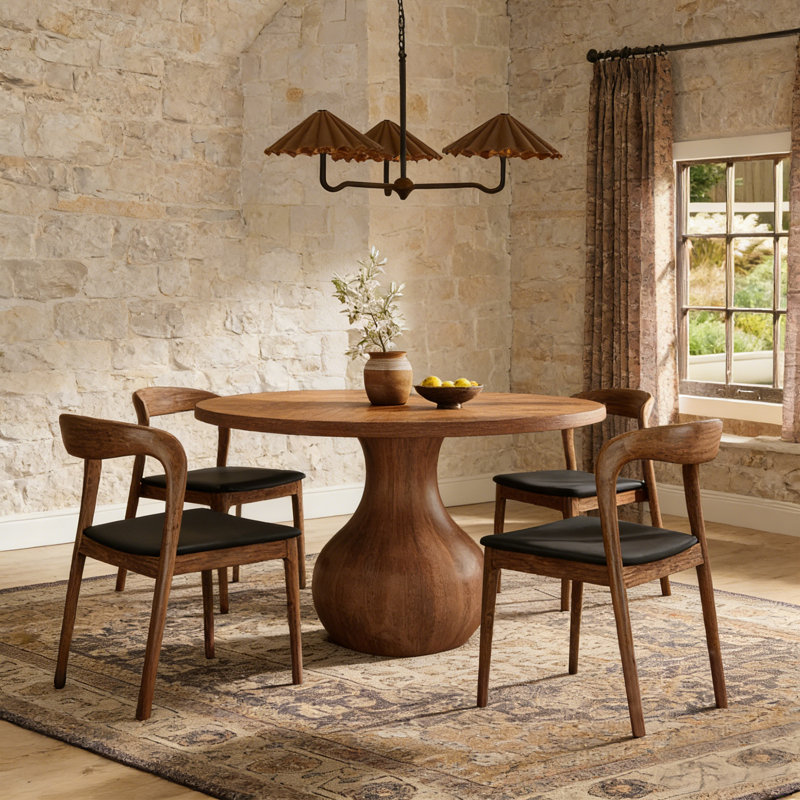 5-pieces Round Pedestal Dining Set Ikerne - NEW SOLID WOOD TOP, 29.52"H x 53.15"L x 53.15"W, Black