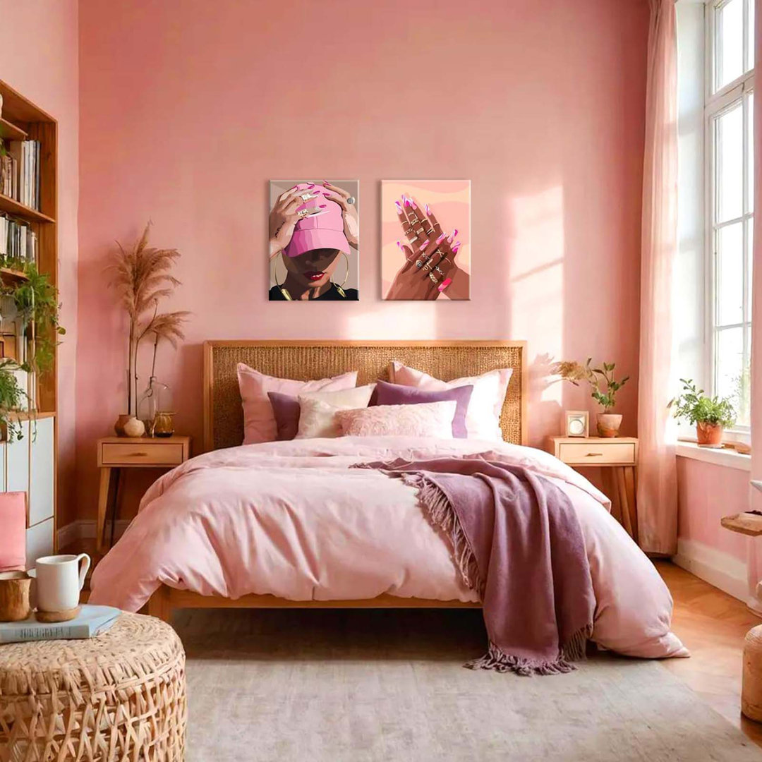 Black Girl Wall Art Set Of 3 - Pink African American Woman Canvas Wall Decor Pictures, Fashion Black Woman Paintings Prints For Living Room Bedroom Ba