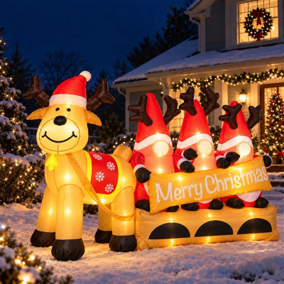 Renne de Noël gonflable 6,9 pi tirant un traîneau avec 3 elfes, cour extérieure éclairée à DEL et décoration de pelouse