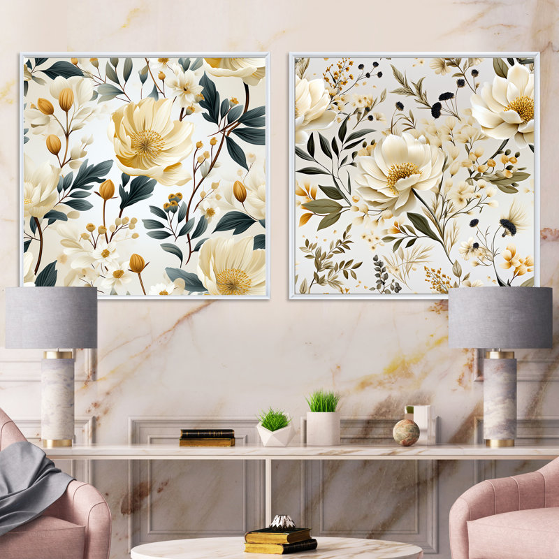 Pelhat - Ensemble de 2 collages carrés floraux, Cadre flottant blanc, H 36 po x l 73 po