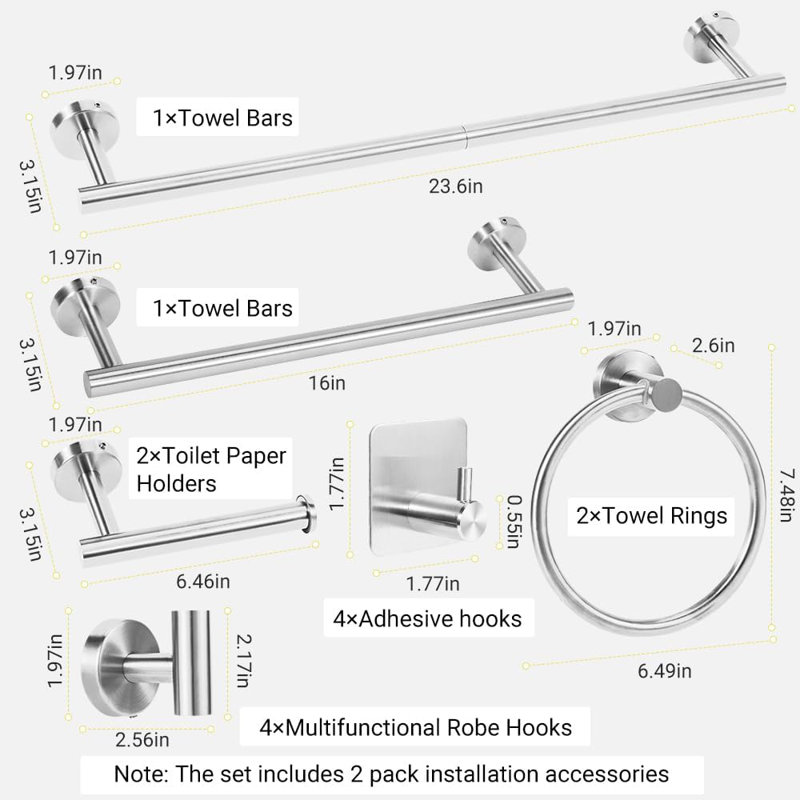 Bathroom Hardware Set - 14-Piece Stainless Steel Towel Bars, Towel Rings, Toilet Paper Holders And Robe Hooks With Concealed Screw Design For Modern Bathroom Organization