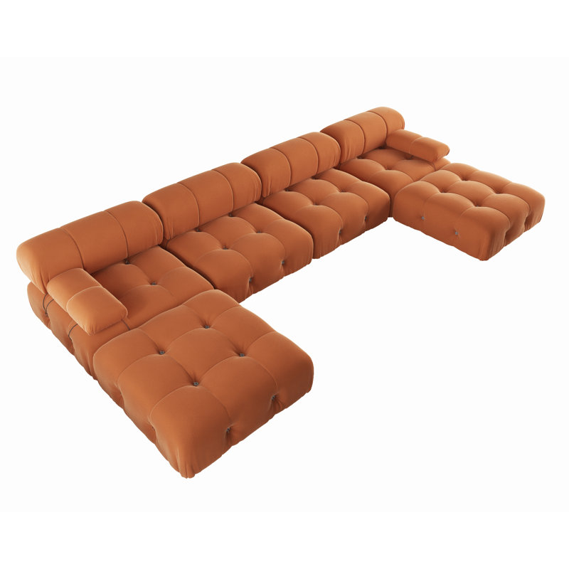 Cylar 138.6'' Wide Velvet Reversible Modular Sofa & Chaise with Ottoman, Orange Velvet