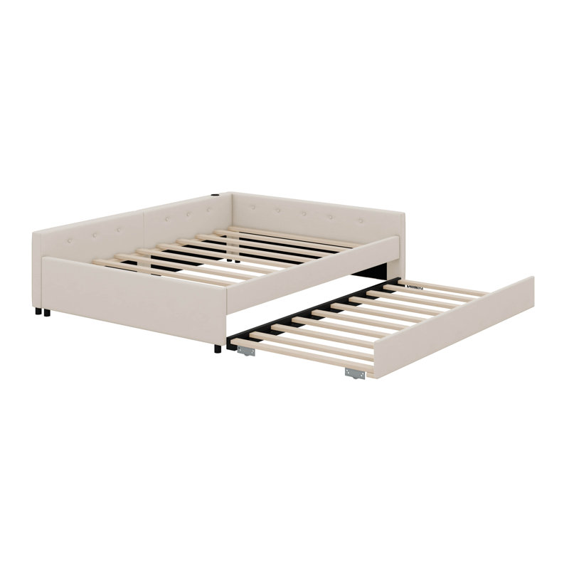 Upholstered Platform Bed with USB and Twin Size Trundle, Queen