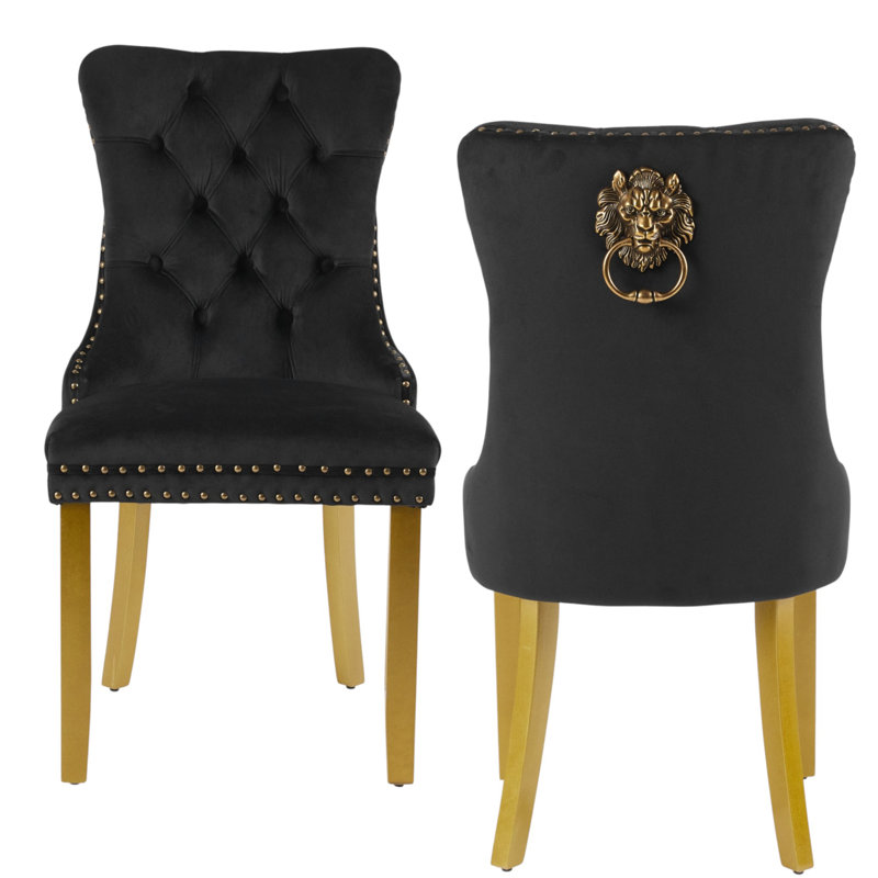 Traditional Velvet Wingback Tufted Solid Wood Upholstered Dining Chairs With Lion Head Pull Ring, Black