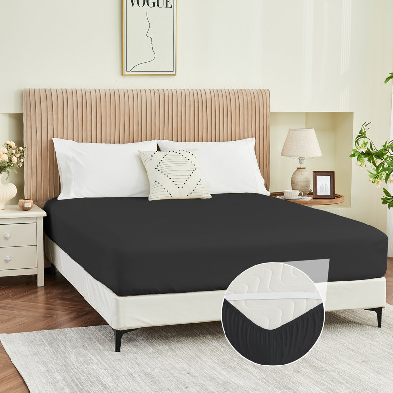 Double Brushed Microfiber Fitted Sheet With Straps Fits Up To 14, Queen Fitted Sheet, Black
