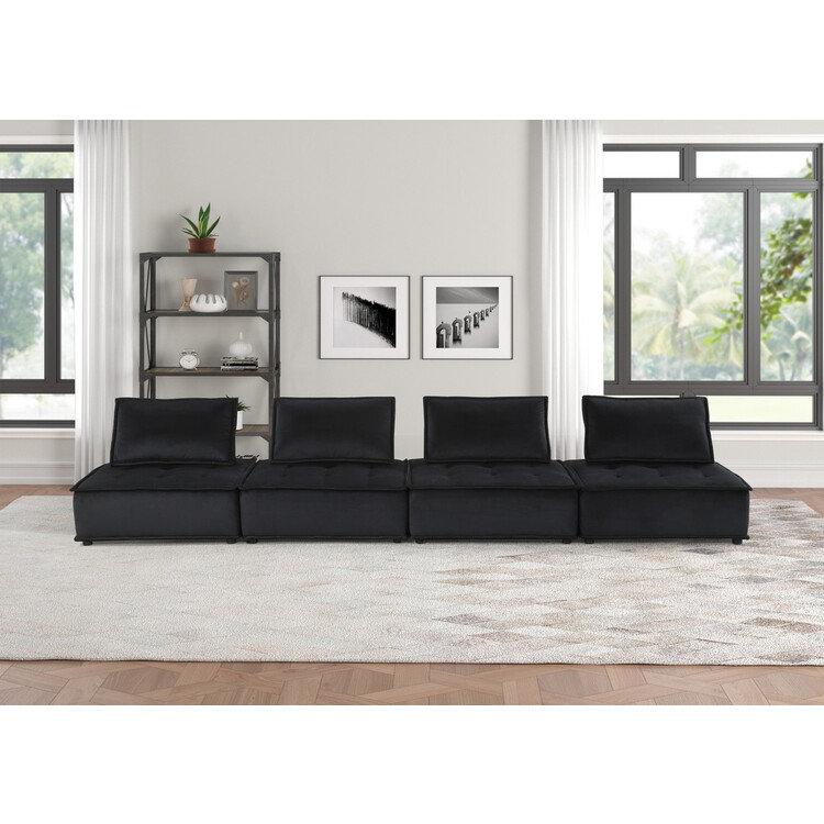 Canapé modulaire 4 pièces avec siège capitonné, Velours noir, H 29 po x l 80 po x P 80 po