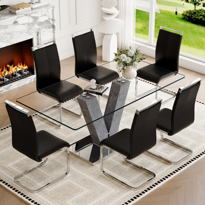 71″ Modern Glass Dining Table Set for 6–8 – Tempered Glass Dining Table with PU Leather Chairs, Stylish Kitchen & Dining Room Set
