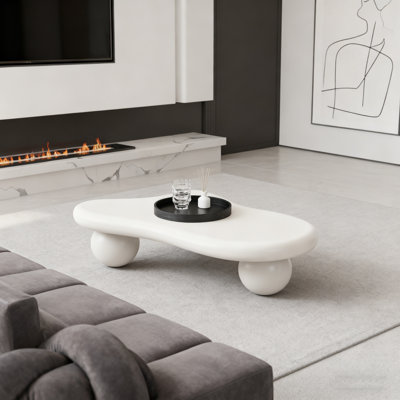 40 Inch Cloud Shaped Coffee Table With 3 Ball Legs For Living Room, Cream White