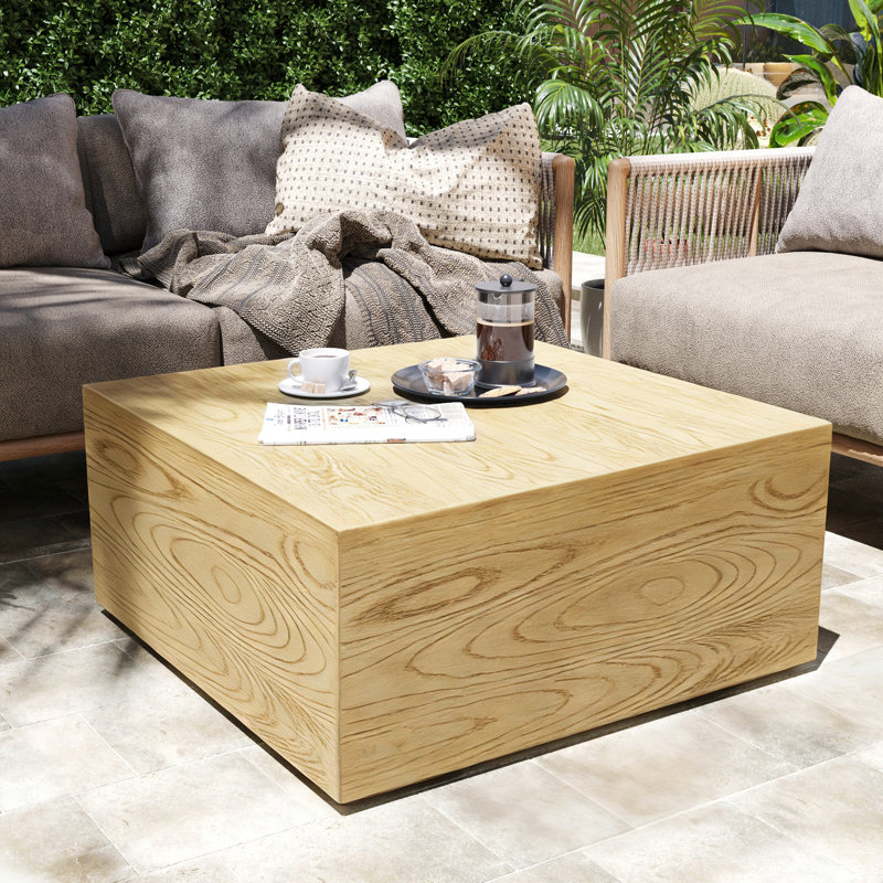 28'' Magnesium Oxide Outdoor Coffee Table with Wood-Look Textured Surface, Rectangle, Natural Oak, Yellow