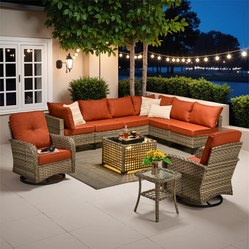 Emroy 8 - Person Wicker/Rattan Sectional Seating Group with Lighted Coffee Table and Swivel Chairs, All Weather Modular Outdoor Conversation Set with Cushions