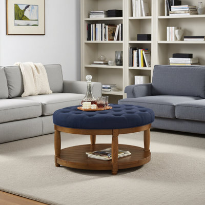 Large Round Upholstered Tufted Linen Ottoman Coffee Table, Large Footrest Ottoman With Solid Wood Shelf,Strong Structure