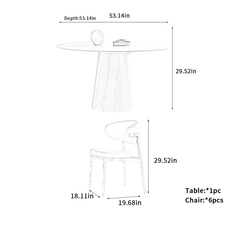 Log Style Solid Wood Dining Table, 29.52"H x 53.14"L x 53.14"W, 7 Pieces: Table, 6 Chairs
