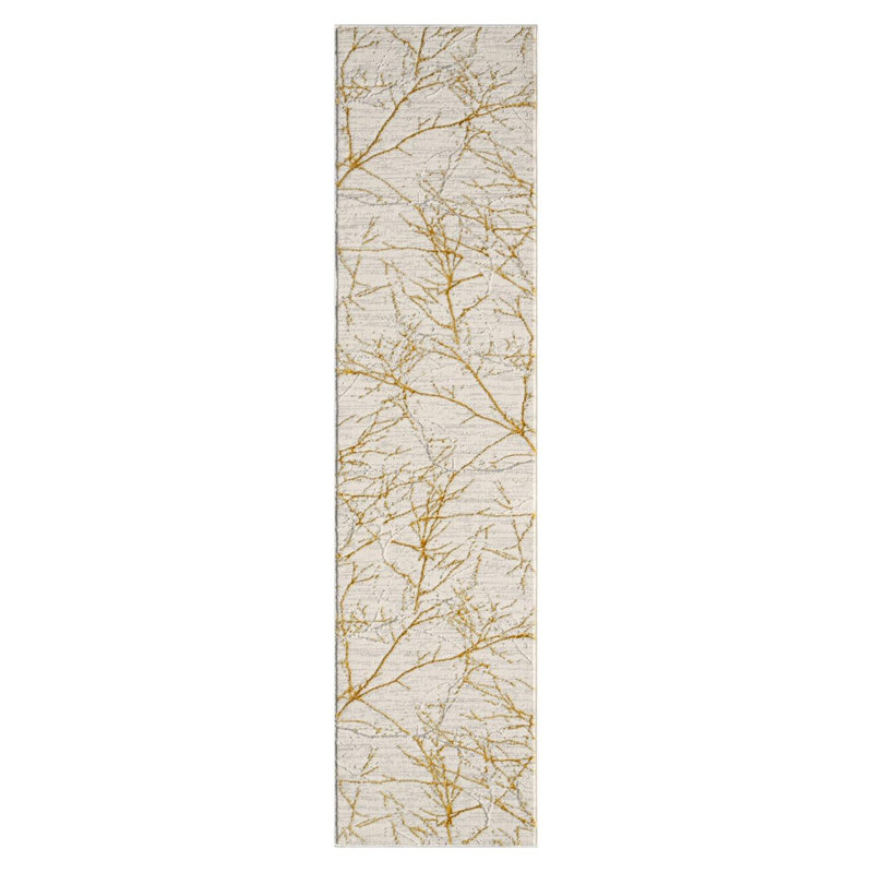 Tapis moderne moderne à motif abstrait, Tapis de couloir 2 pi x 8 pi, Crème / doré