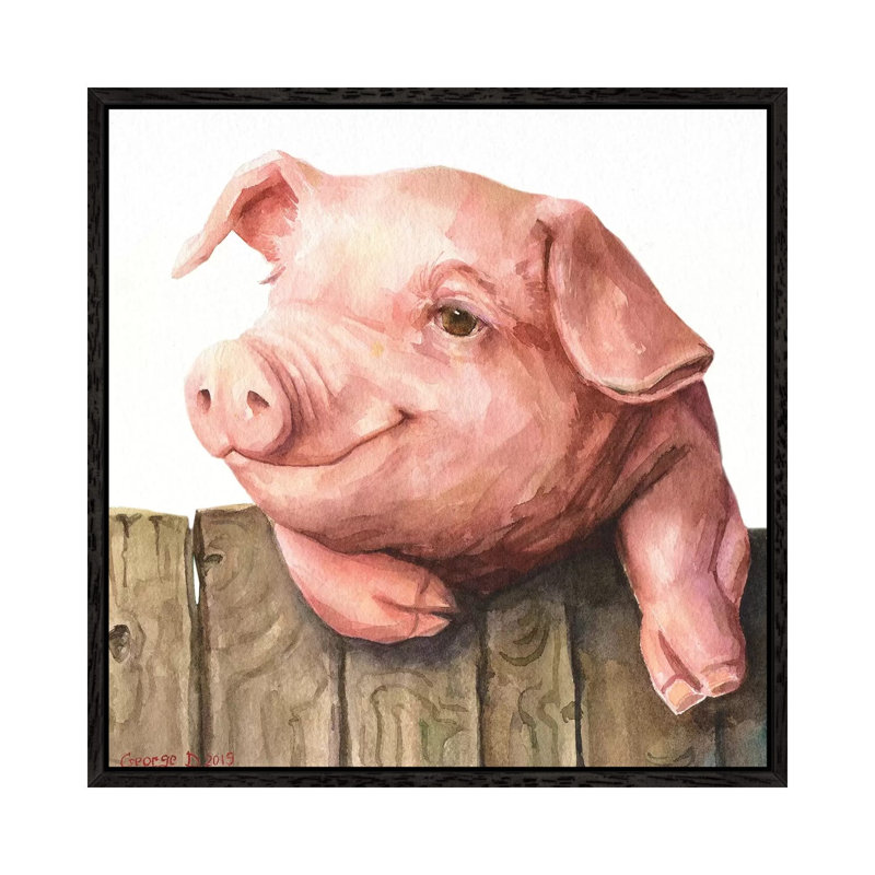 Little Piggy White Background by George Dyachenko - Painting on Canvas, Black Framed, 66.04cm H x 66.04cm W x 3.81cm D