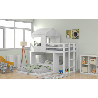 Wooden Twin Over Full Bunk Bed with Playhouse, Ladder, and Guardrails for Kids' Imagination and Safety