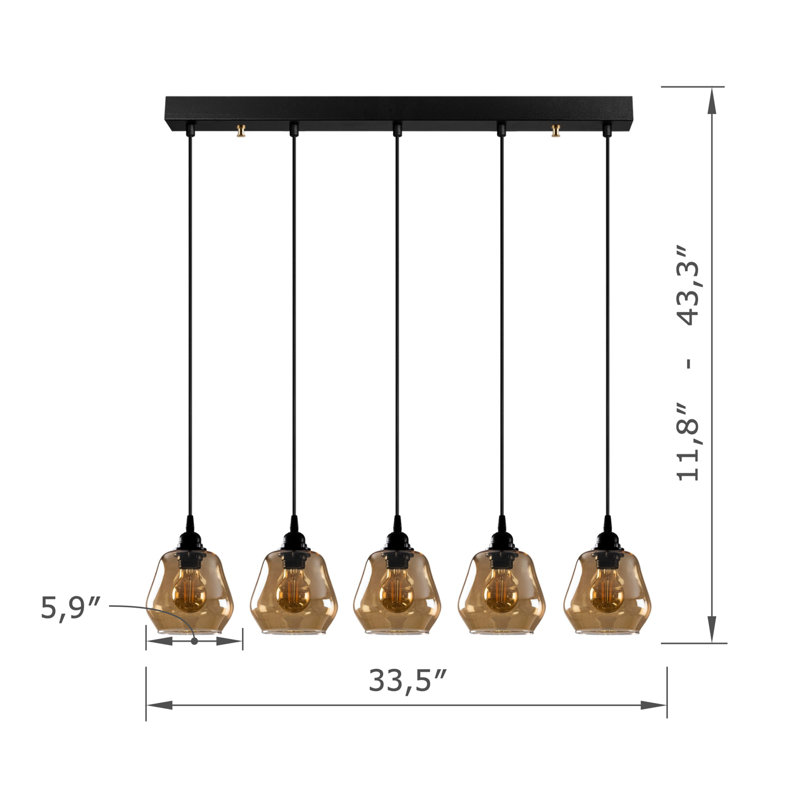Luminaire suspendu pour îlot de cuisine à 5 lumières à hauteur réglable avec capuchon en verre