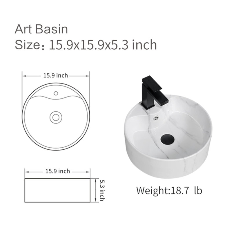 Lavabo de salle de bain vasque rond avec aspect marbre et drain escamotable 15,9 "x 15,9"