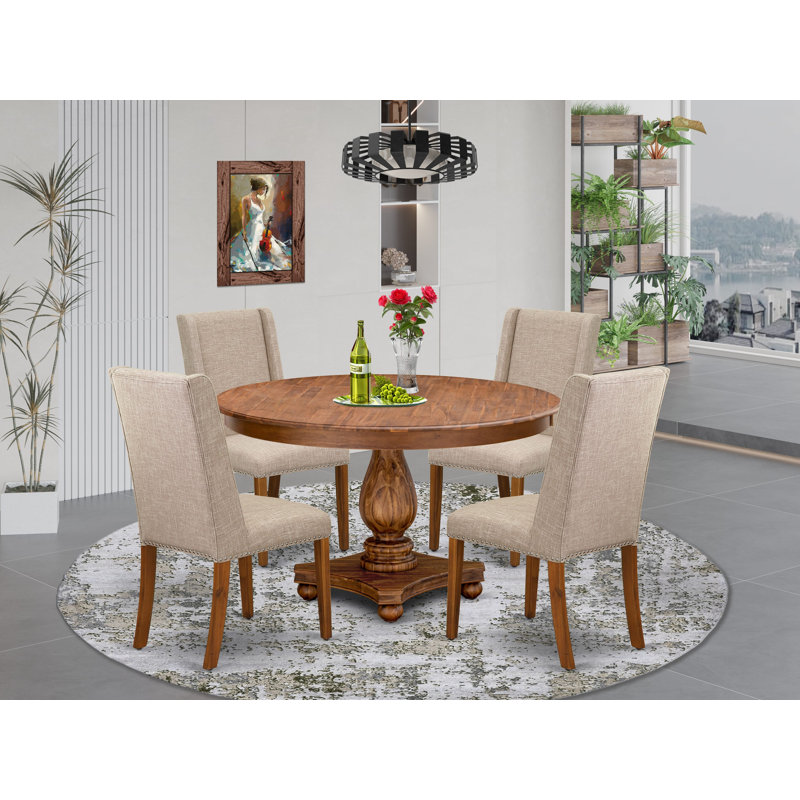5-piece Dining Table Set consists of a mid century table and 4 Light Tan Linen Fabric dinner chairs with Padded Back - Antique Walnut