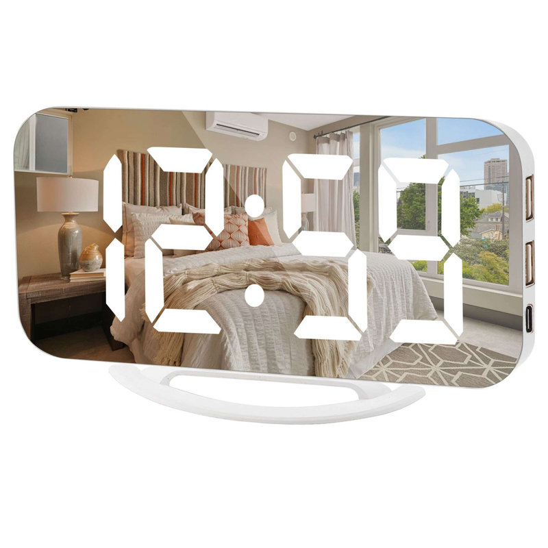 Réveil numérique mince à DEL, surface de miroir pour le maquillage, avec gradation, grand écran, ports USB, Blanc