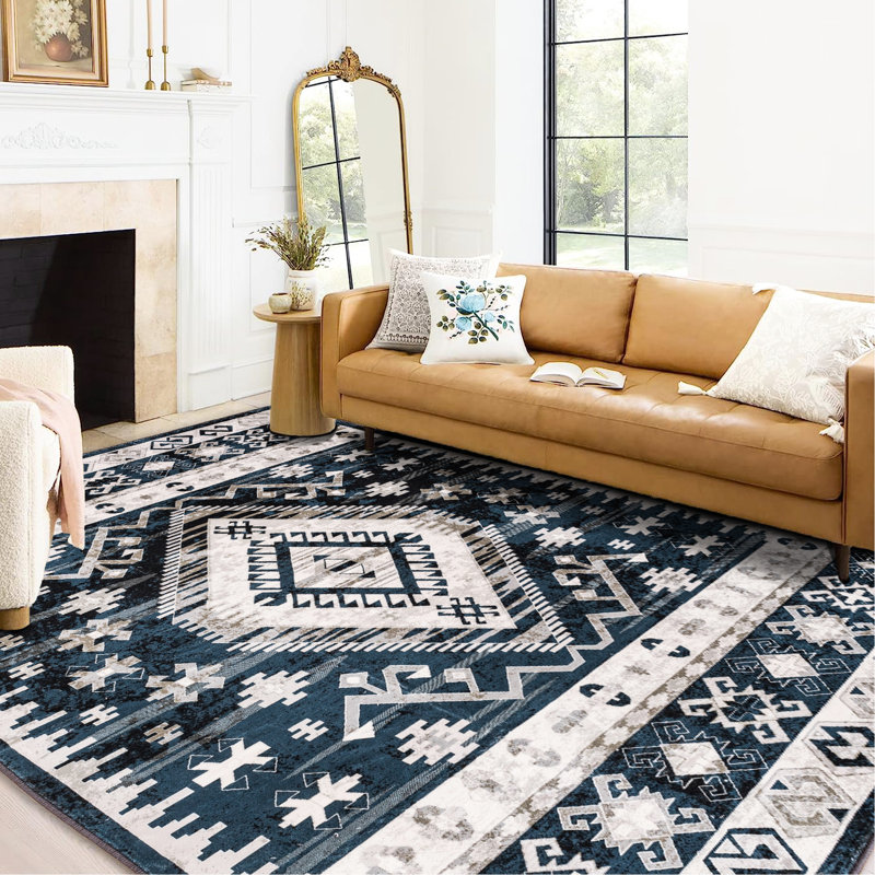 Vintage Area Rug 6X9, Non-Slip Washable For Bedroom - Geometric Blue/Black Living Room Kitchen 6X9 Bedroom, Room,