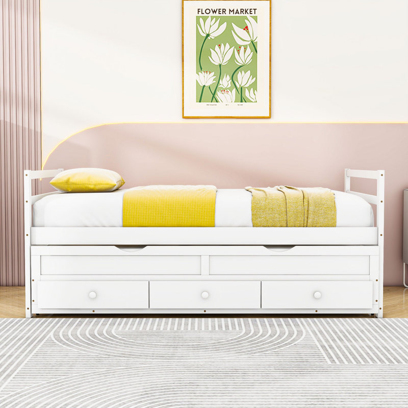 Twin Wooden Platform Bed with Trundle and 3 Drawers, Espresso