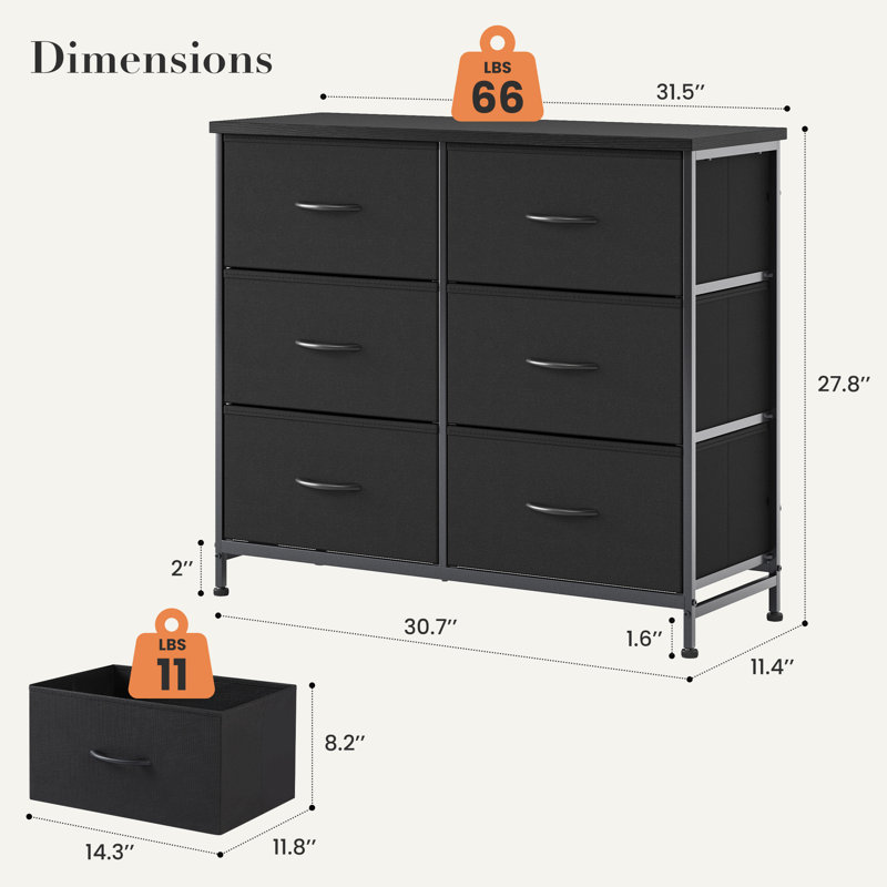 Metal 6 - Drawer Dresser, Black