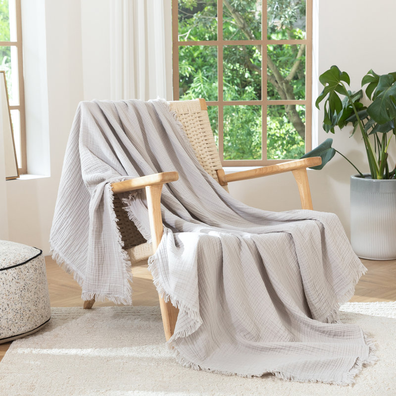 Jeté 100% coton 4 couches avec frange MooMee Airy, Grand (90 po x 90 po), Gris clair