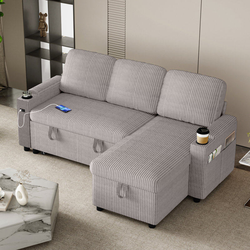 3 Seater Sofa & Chaise, Silver Corduroy