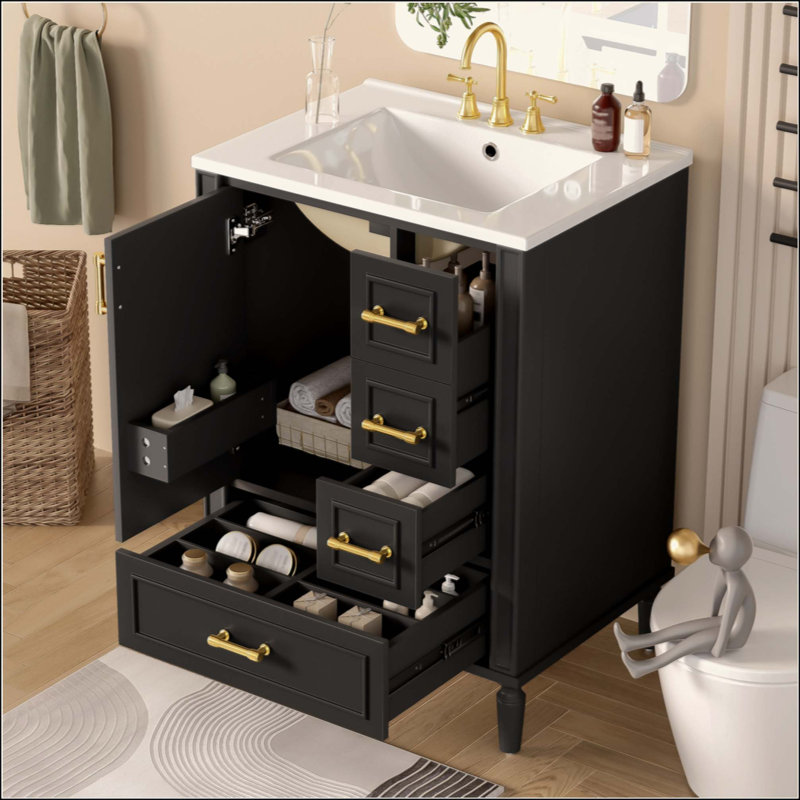 Meuble-lavabo moderne avec lavabo en céramique, porte à fermeture douce, 3 tiroirs, poignées dorées et support de porte pour un rangement peu encombrant