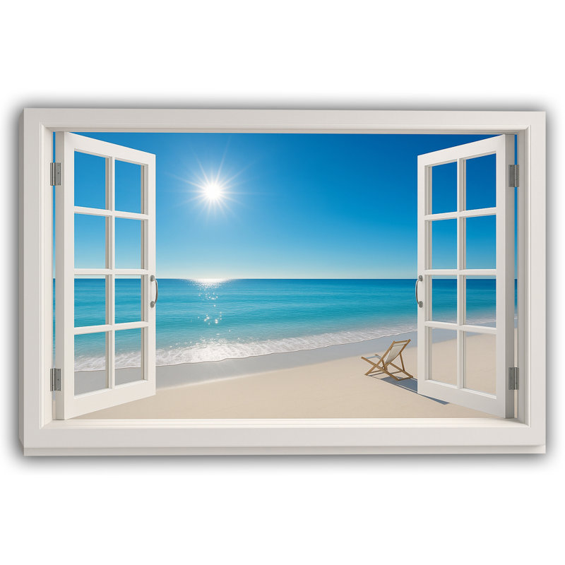 Vue de la fenêtre de Sunny Beach avec chaise - série Coastal Window View, H 32 po x l 48 po