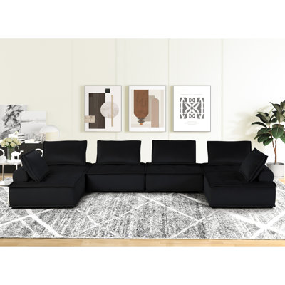 Canapé d'angle en velours noir en forme de U, largeur d'assise de 406 cm (160 po), assises rembourrées de mousse, poids de 59 kg (130,43 lb), 6 places avec dossier de 37 cm (14,5 po).