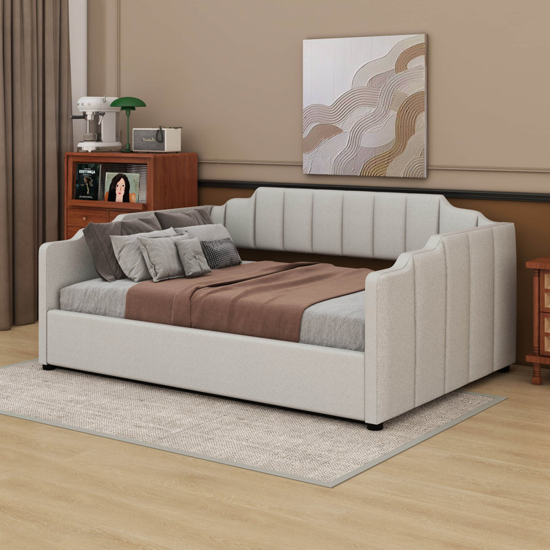 Upholstered Daybed With Underneath Storage, Full, 	Beige