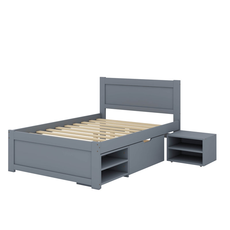 Un lit plateforme avec un tiroir et deux tablettes intégrées, Double, gris