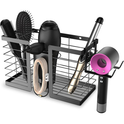 Rangement pour outils de cheveux, support de sèche-cheveux en métal 3 en 1 pour fer plat, fer à friser, fer à lisser, outils de rangement et organisateur de salle de bain (noir)