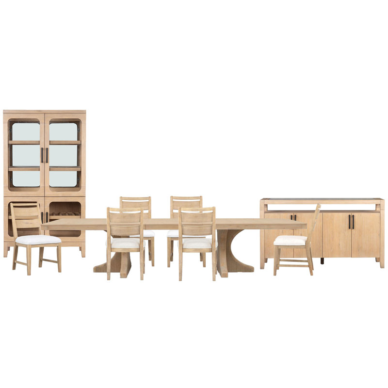 Extendable Trestle Dining Table With 6 Side Chairs Sideboard And Curio, 9 Pieces: Table, 6 Chairs, Sideboard, Curio
