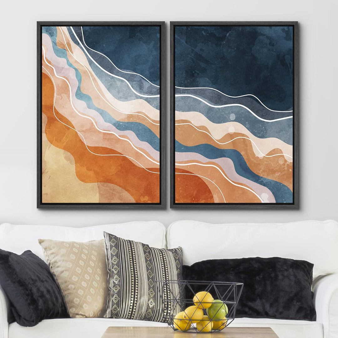 " Navy Orange And White Watercolor Color Waves Abstract Shapes " 2 - Pieces IDEA4WALL 