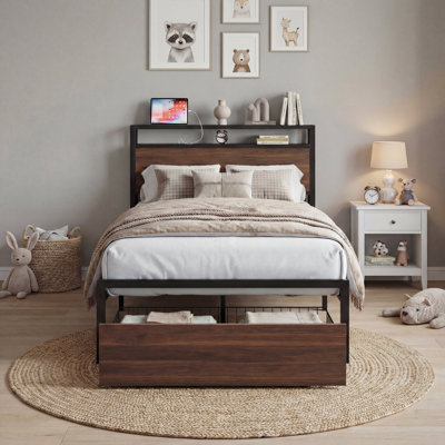 Bed Frames With Drawer, Storage Headboard With Outlets, No Box Spring Needed, Easy Assembly