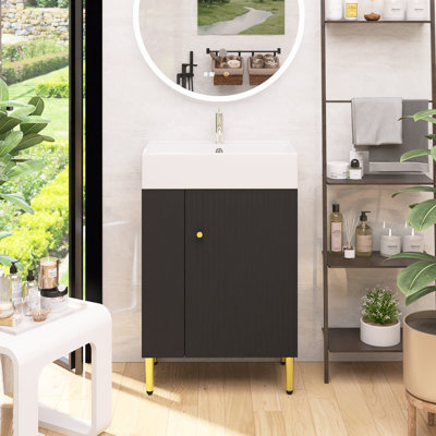 Meuble-lavabo à motif ondulé avec lavabo en céramique et rangement latéral