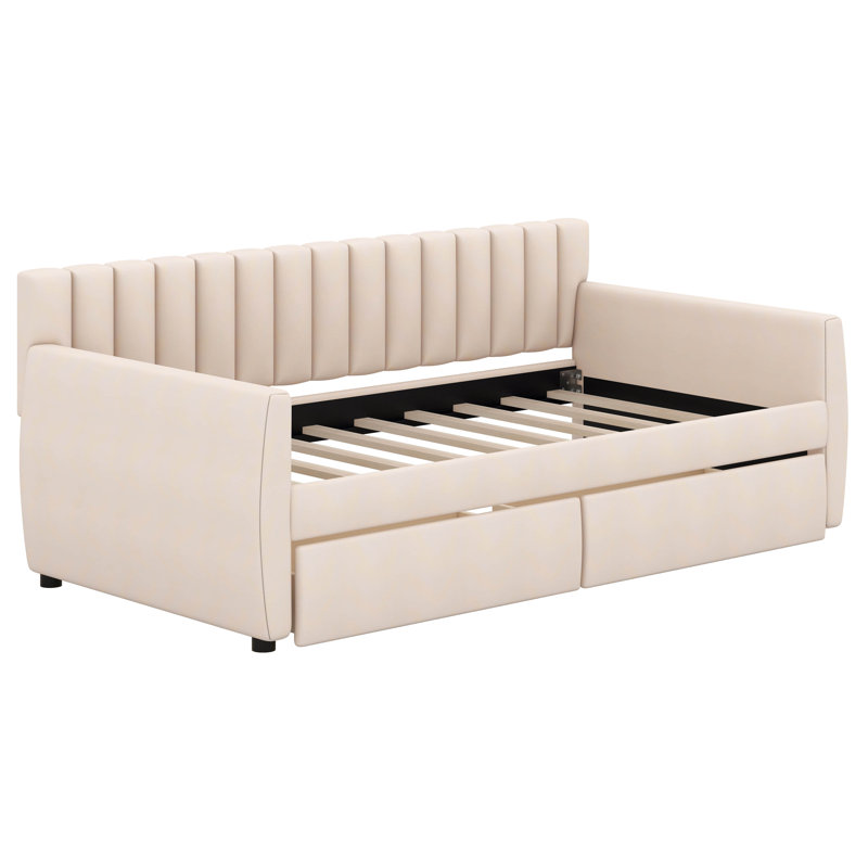 Elfan Twin Size Upholstered daybed with Drawers, Wood Slat Support, Beige