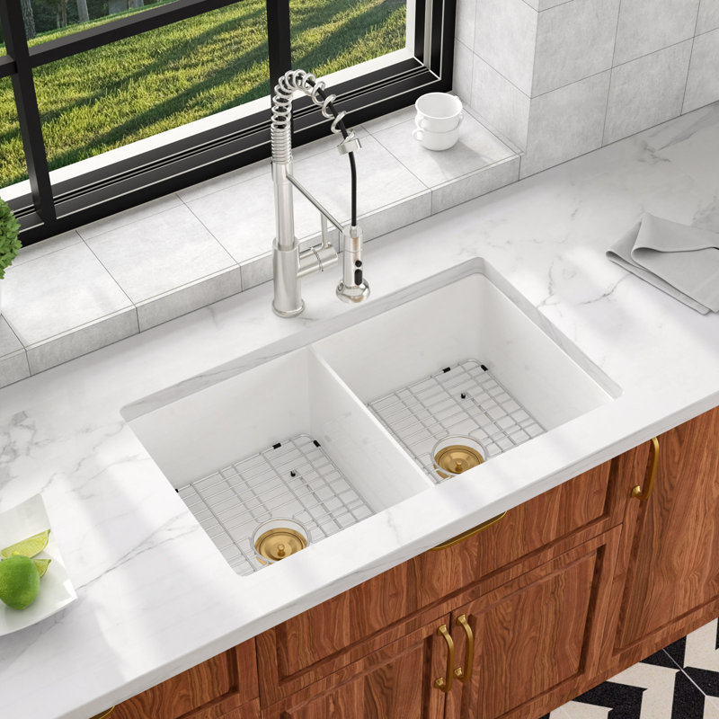 32" L x 19" W Fireclay Porcelain Ceramic Double Basin White Undermount Kitchen Sink 50/50 Split Sink