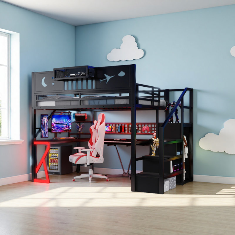 Metal Full Loft Bed with High Guardrails and Beside Storage Shelf