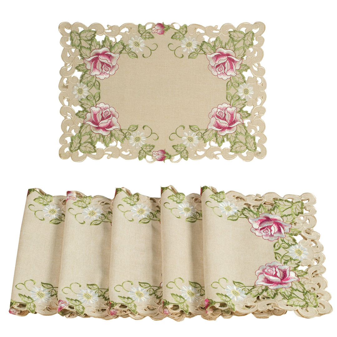 Adda Elegant Beige Table Placemats Set with Floral Embroidery for Elegant Dining and Home Table Decor (Set of 4) Ophelia & Co.