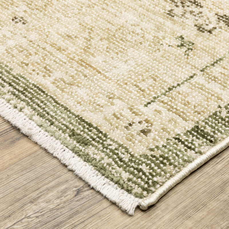 Tapis Wyline à franges vertes et dorées, style tribal mondial vieilli, Rectangle 5 pi 3 po x 7 pi 6 po
