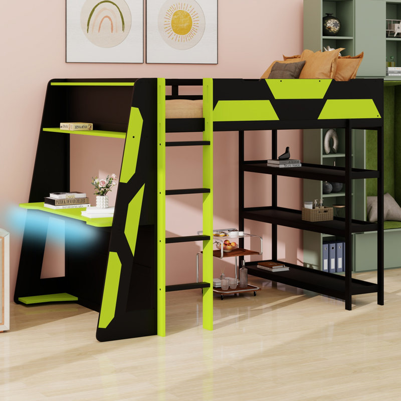 Lit mezzanine multifonctionnel avec bureau, tablettes de rangement, Noir et vert