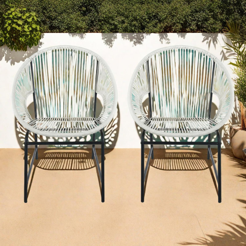 Fauteuils d'extérieur en osier avec cadre en fer, ensemble de 2, Blanc