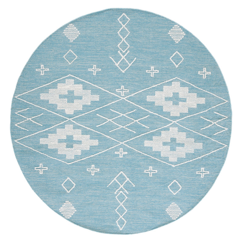 Tapis bleu sarcelle / ivoire tissé à plat à la main Holtby Southwestern, Rond 6 pi